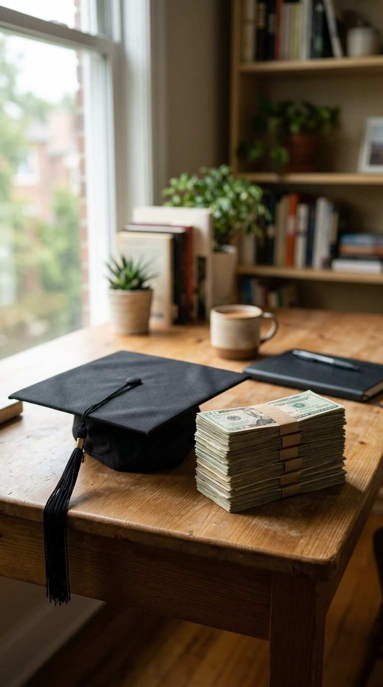 graduation cap representing student loans beside a stack of credit card debt